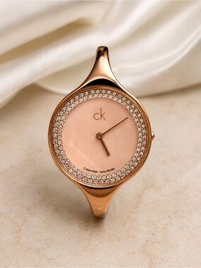 Calvin Klein Swiss Made Rose Gold Crystal Bangle Watch | New Battery | Running